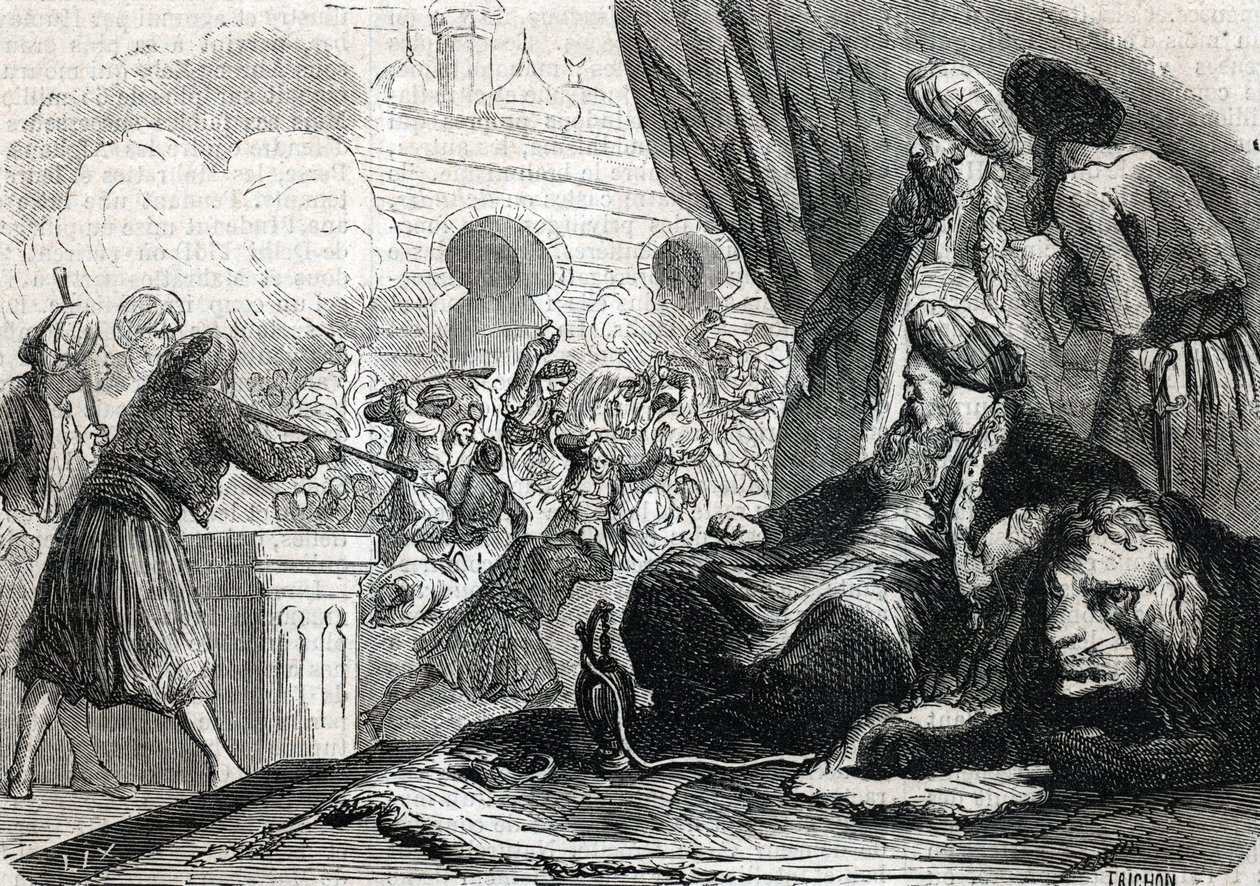 "Massakren af janitsjarernes hær i 1826 af Sultan Mahmoud II, Konstantinopel" (gravering) 1864 af French School