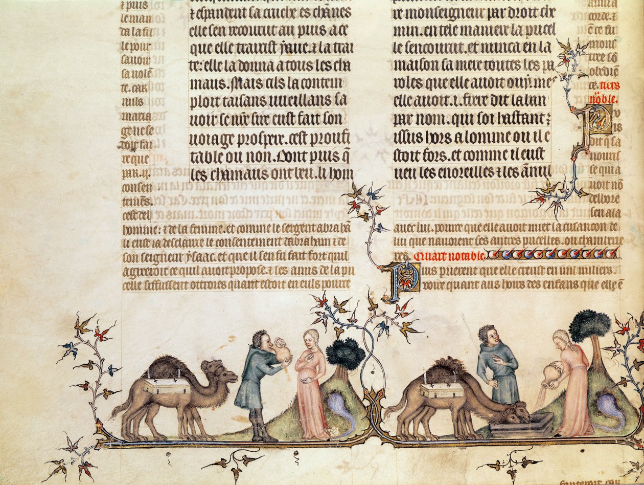 Mødet mellem Eliezer og Rebecca ved brønden, fra The Bible of Jean de Sy, ca. 1355 af French School