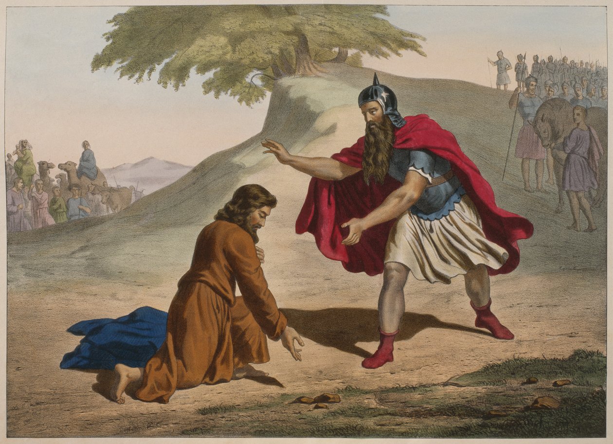 Mødet mellem Jakob og Esau, illustration fra en katekismus LHistoire Sainte, udgivet af Charles Delagrave, Paris, slutningen af det 19. århundrede af French School