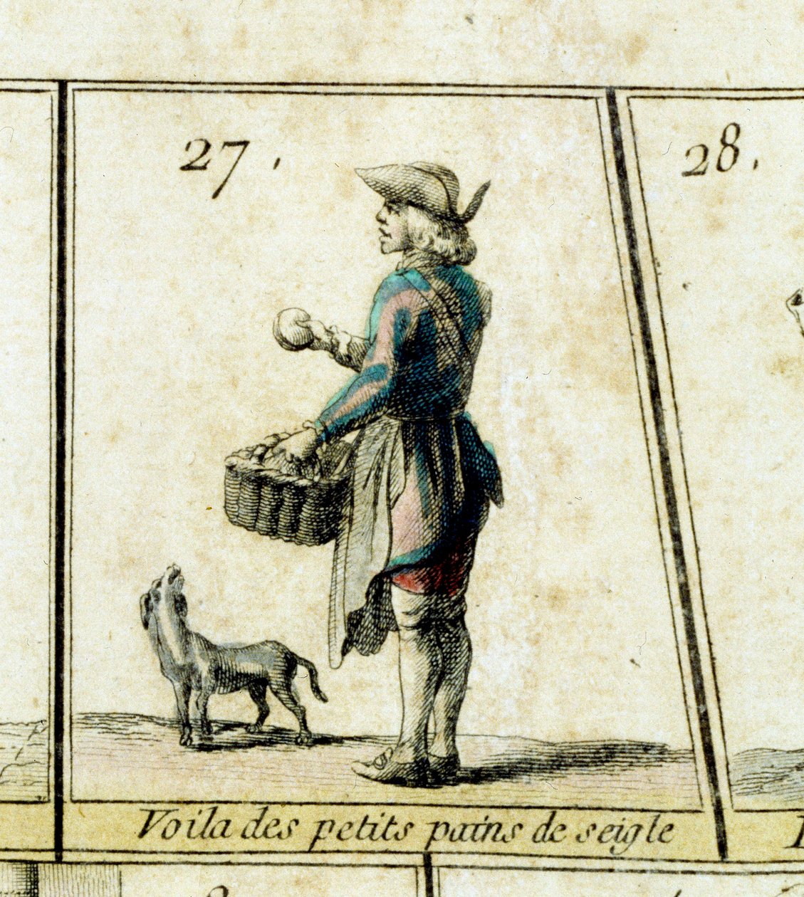 Købmanden med rugboller Detalje af et gåsespil med skrig og gamle metierer fra Paris. 18. århundrede Privat samling af French School