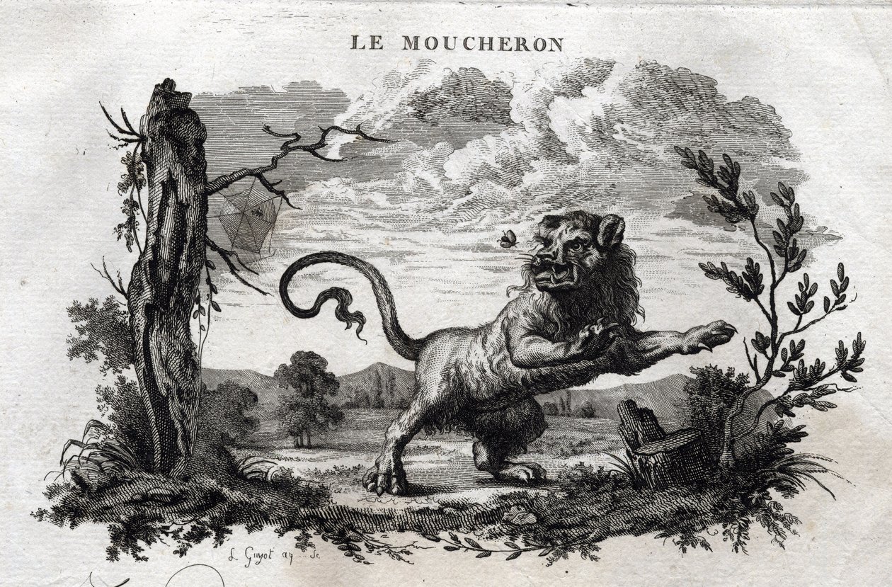 Midderne. Fabel om Esope. (Græsk forfatter Esopo eller Ecopus, 6. århundrede f.Kr.) Skrevet af Guillaume Montfort og Gravees af Beauble i 1801. af French School