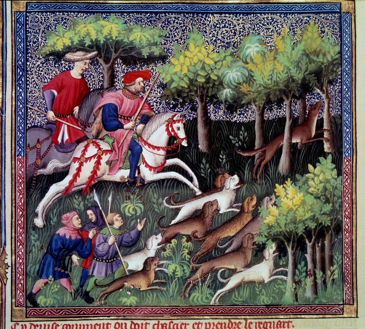Miniature-rævejagten fra ""Jagtens bog"" af Gaston III Phoebus, greve af Foix, Lord of Bearn (1331-1391) af French School
