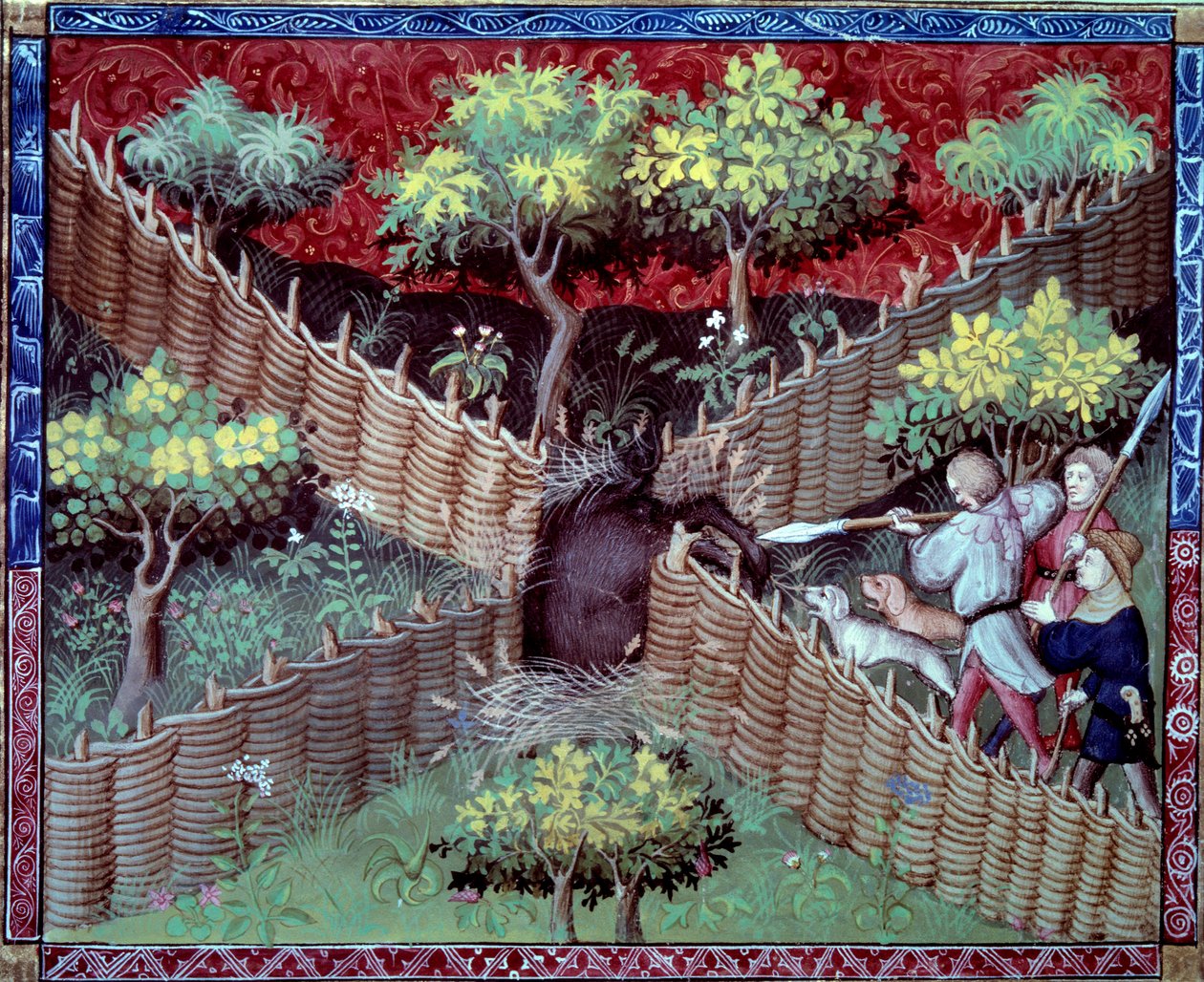 Miniature-vildsvinejagten taget fra "The book of hunting"" af Gaston III Phoebus, greve af Foix, Lord of Bearn (1331-1391) af French School