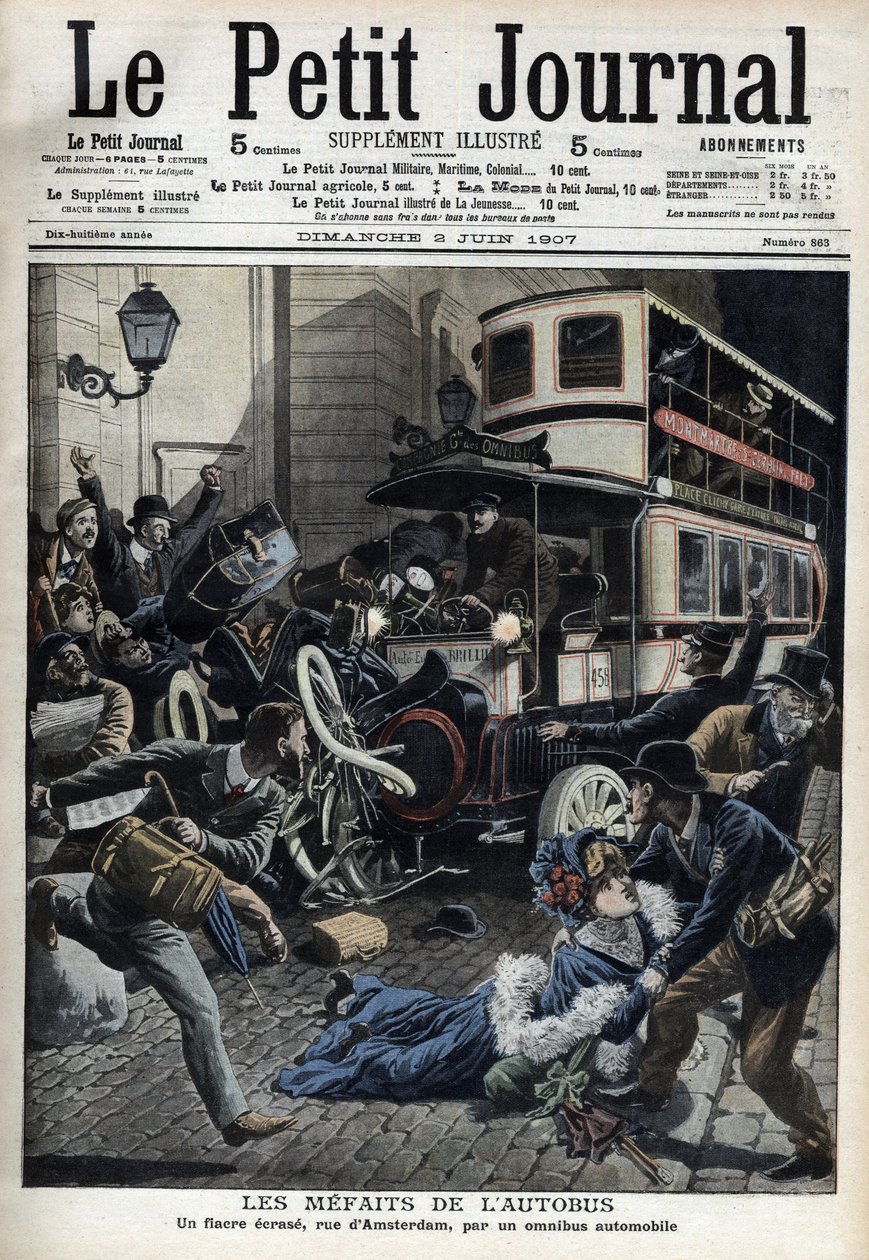 Bussens fejl: en fiakre knust af en bus i Paris-gaden i Amsterdam "Le Petit journal", juni 1907 (gravering) af French School