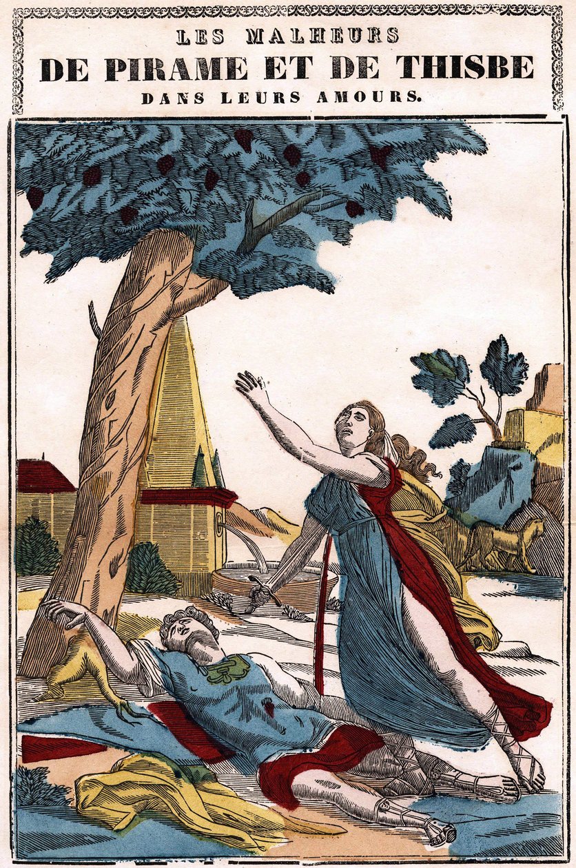 Pyramus (Pirames) og Thisbes ulykker i deres kærlighed, fortalt af Ovid i "The metamorphoses"". Billede af Epinal af French School