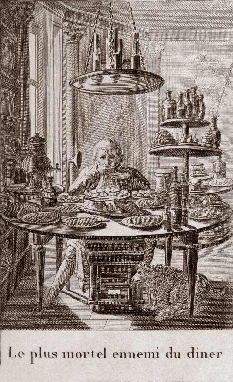 Middagens mest dødbringende fjende - indgravering i "" Almanach af gourmeter, tjener som en guide på måder at gøre fremragende kære. Af en gammel amatør"" af Alexandre Balthazar Laurent Grimod de la Reyniere - 1804-1812 af French School