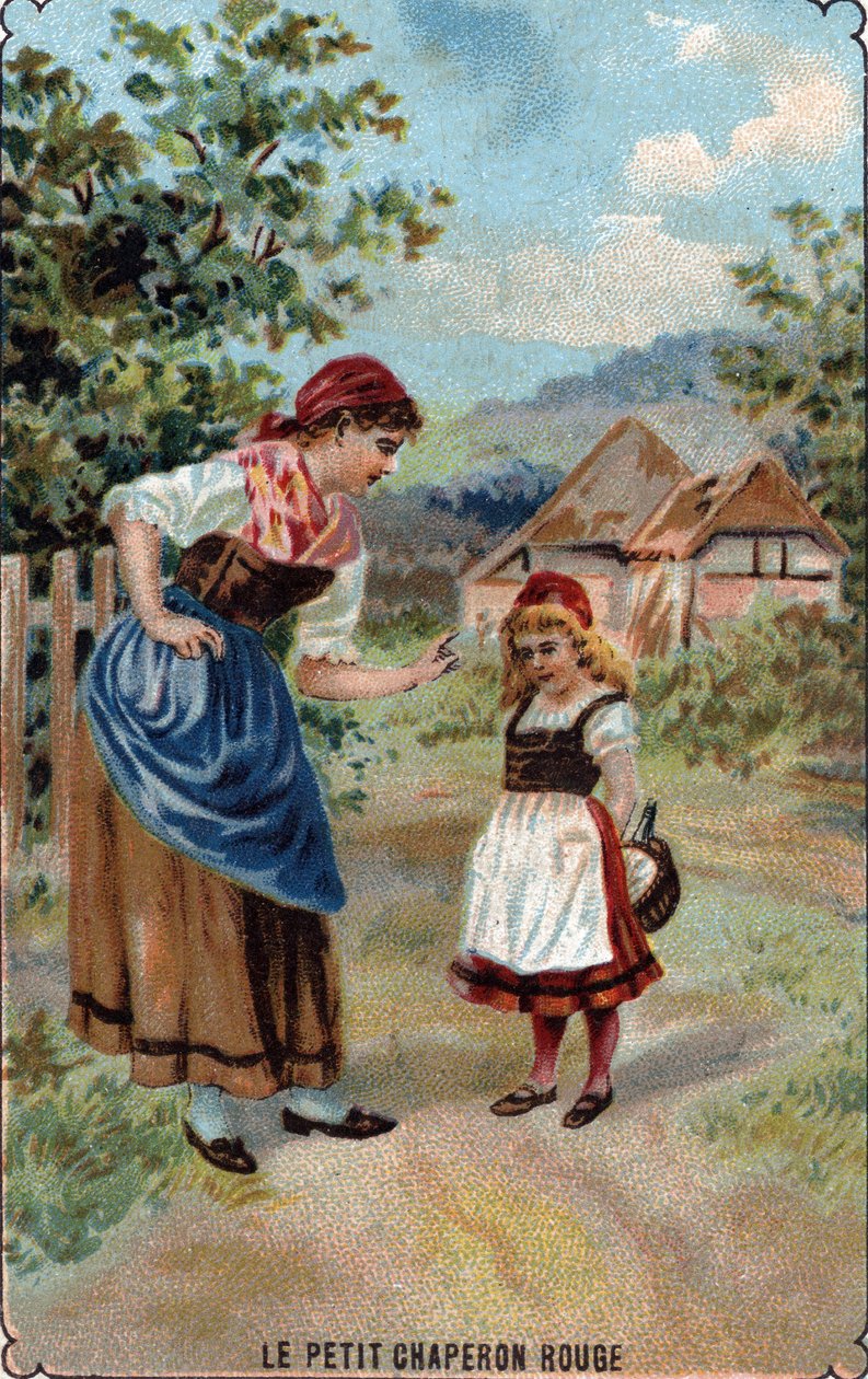 Moren til den lille røde ridende hætte advarer hende mod ulvillustrationen af historien "The Little Red Riding Hood" "af Charles Perrault (1628-1703)" "Mor til den lille røde ridende hætte, der advarer hende mod ulven" " ”Illustration fra“ ”Litt af French School