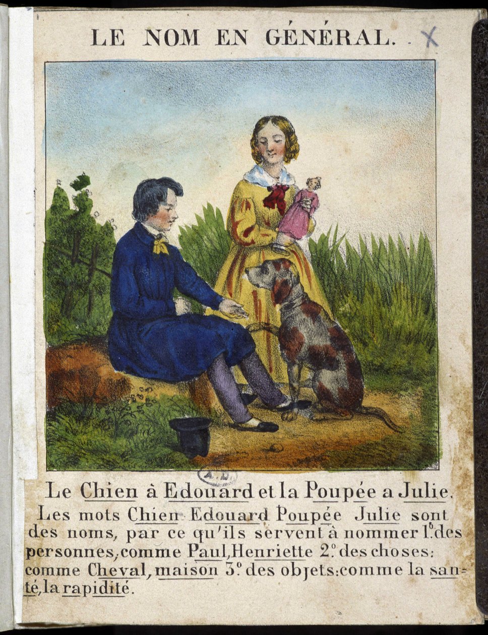 Navnet generelt (en dreng med en hund og en pige med en dukke) - i "" La grammaire en images"" af French School