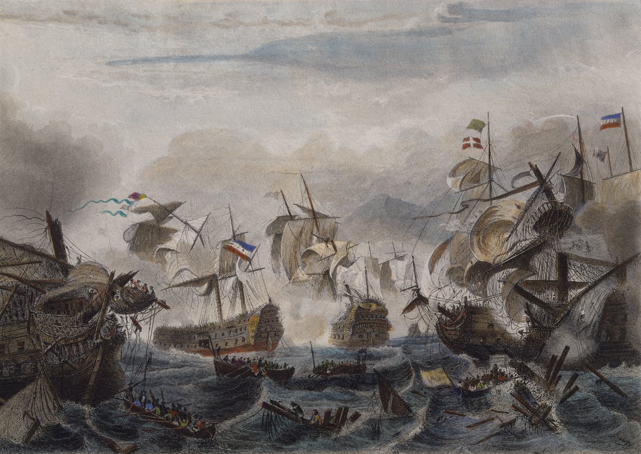 Søslaget ved Cape La Hogue i 1692, indgraveret af Chavanne (farvet radering) af French School