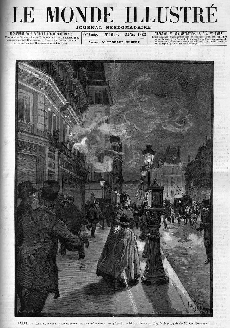 De nye brandalarmer i Paris i 1888. Forside til "The Illustrous World"" fra 1888. af French School