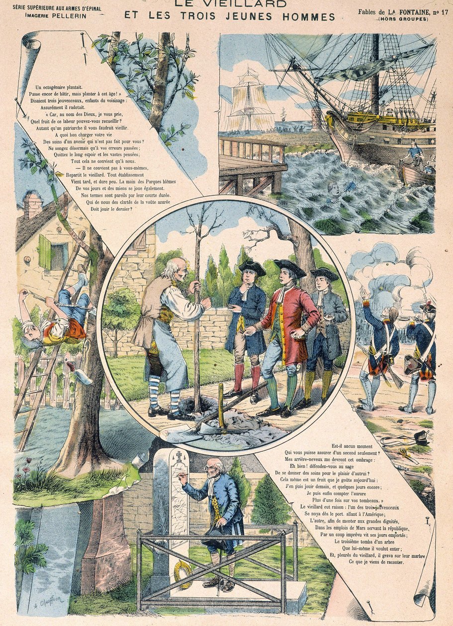 Den gamle mand og de tre unge mænd - Fables de La Fontaine i billeder af Epinal af French School