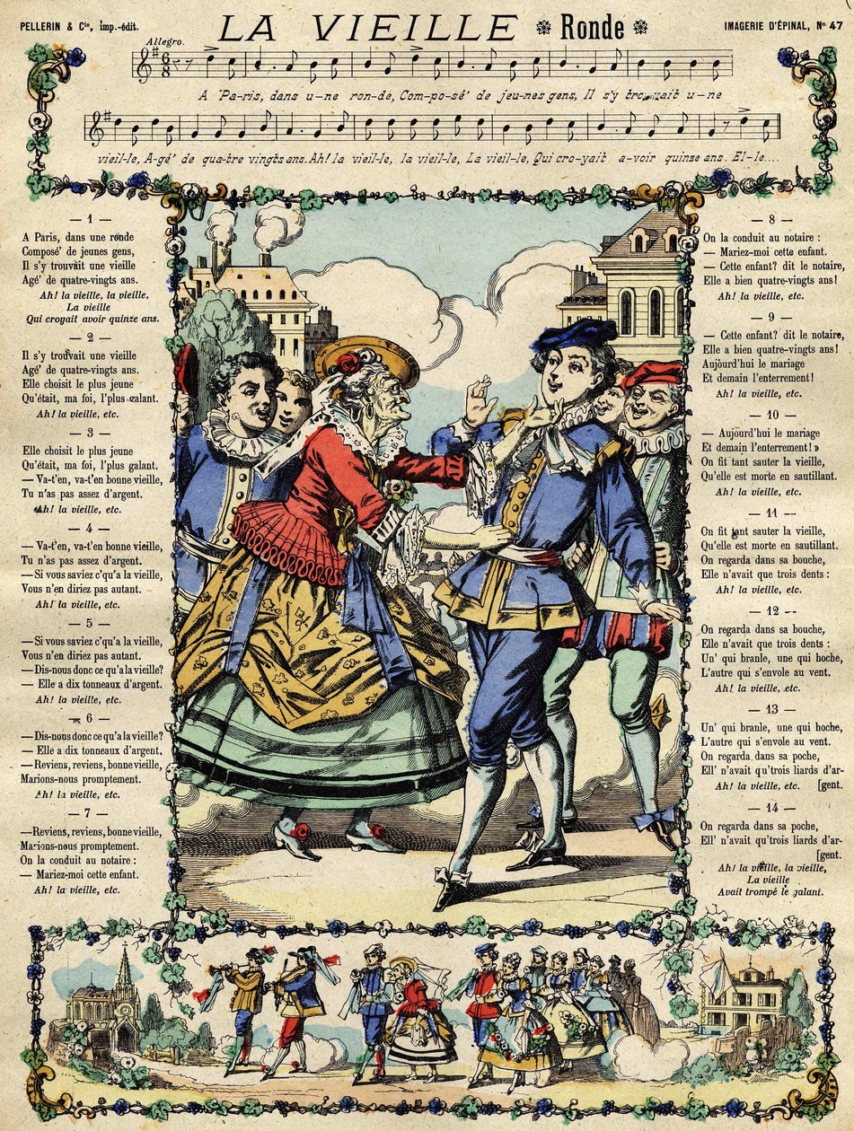 Den gamle, populære sang. Billede af Epinal fra det 19. århundrede af French School