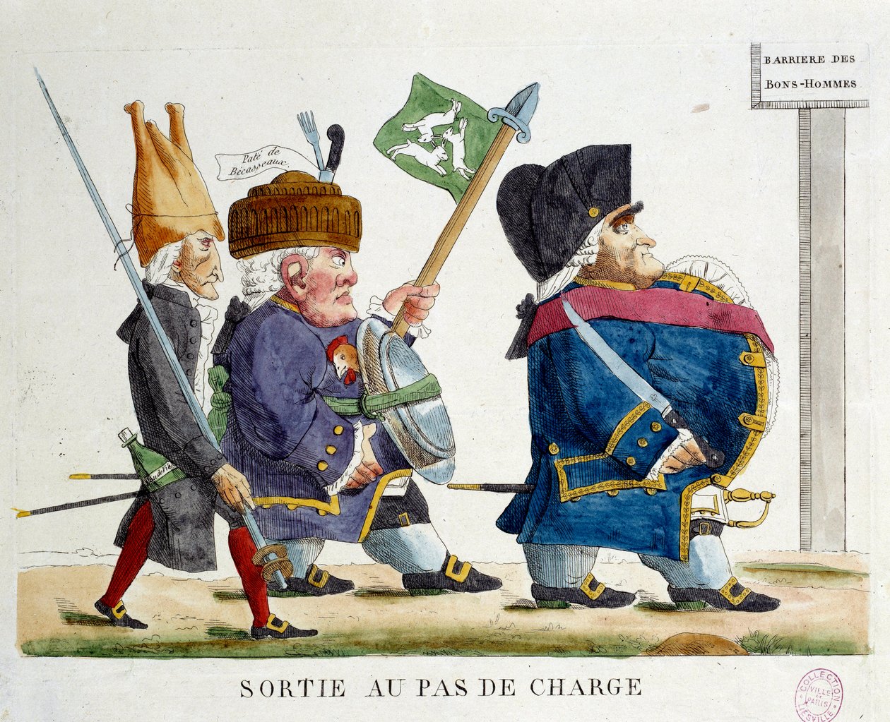 Udgangen ved opladningstrinnet. Tegneserie, der viser mænd, der krydser barrieren for de gode mænd under restaureringen (1823). Stik fra 1823. Paris, Musee Carnavalet af French School