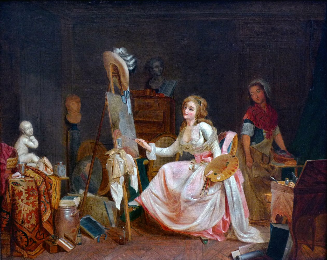 Malerens atelier. Ung kvinde maler et billede af French School