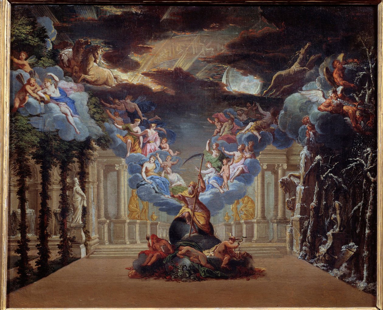 Tidens palads, dekoration af prologen til "Atys" af Jean Baptiste Lully (Giovanni Battista Lulli) (1632-1687) skabt i 1676 Myhologiske figurer som Merkur, Hermes er repræsenteret. Anonymt maleri af den franske skole i det 17. århundrede. Paris af French School