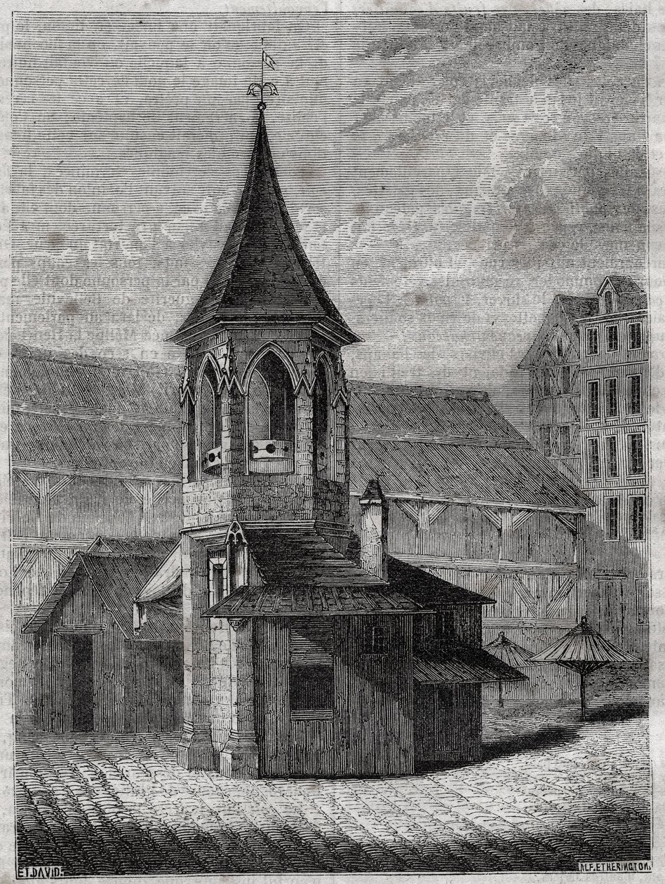 Hallernes søjle i det 18. århundrede, bygget på de uskyldiges gamle kirkegård - Indgravering i "Paris fysiske, civile og moralske historie: fra de tidligste historiske tider til i dag" af Jacques Antoine Dulaure af French School