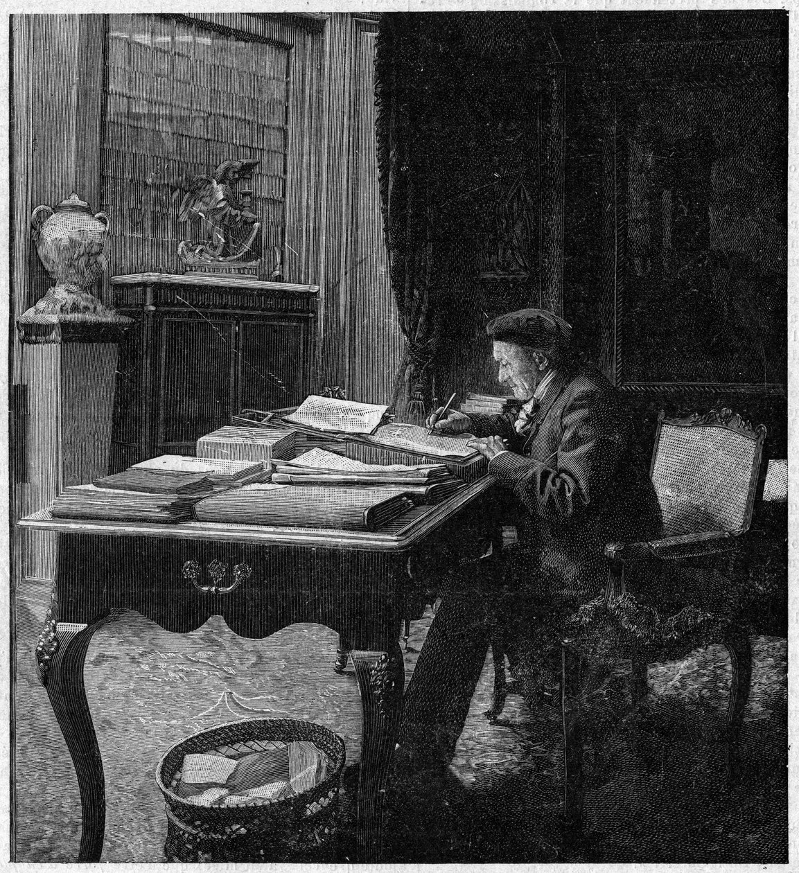 Dramatikeren victorianer Sardou (1831-1908) på sit kontor. Indgravering i "La gazette du dimanche"" af 2. januar af French School