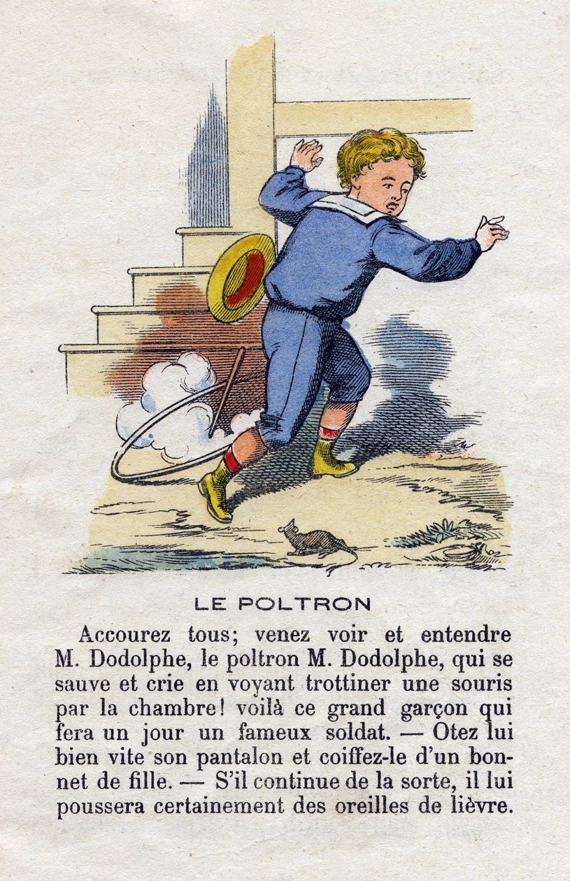 Poltronen. Et barn, der spiller bøjlen, skræmt af en mus. Alfabet til små drenge. Abecedary har moralsk værdi indeholdende læseøvelser. Epinal billeddannelse sidst i det 19. århundrede af French School
