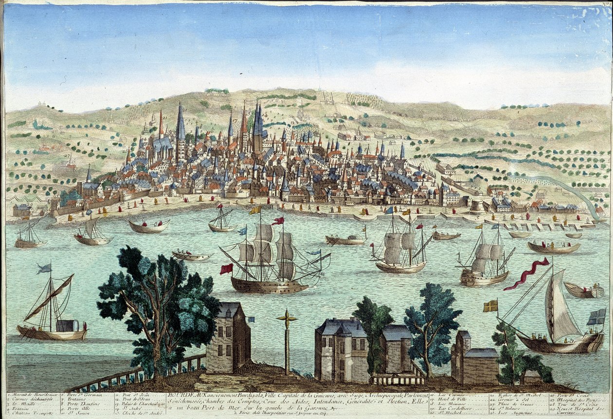 Havnen og byen Bordeaux - gravering af French School