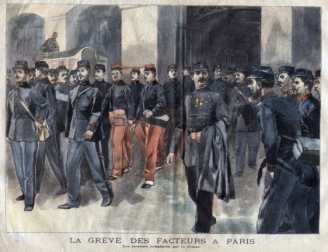 Postbudene strejker: soldater og kommunale vagter anklaget for omdeling af breve i Paris. Indgravering af 1899 i "" La petite Gironde"" af French School