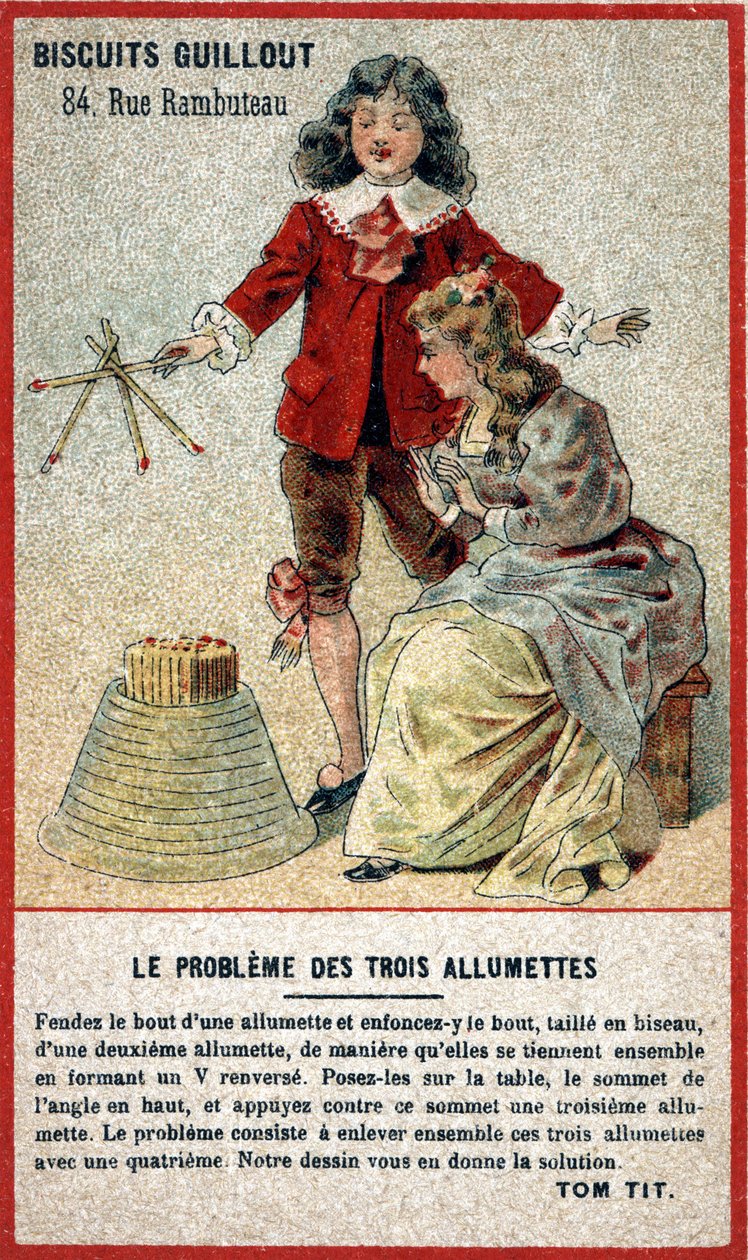 Problemet med tre kampe: børnekort, der tilbyder et spil i form af et puslespil (gætte). Kromolitografi af det 19. århundrede. af French School