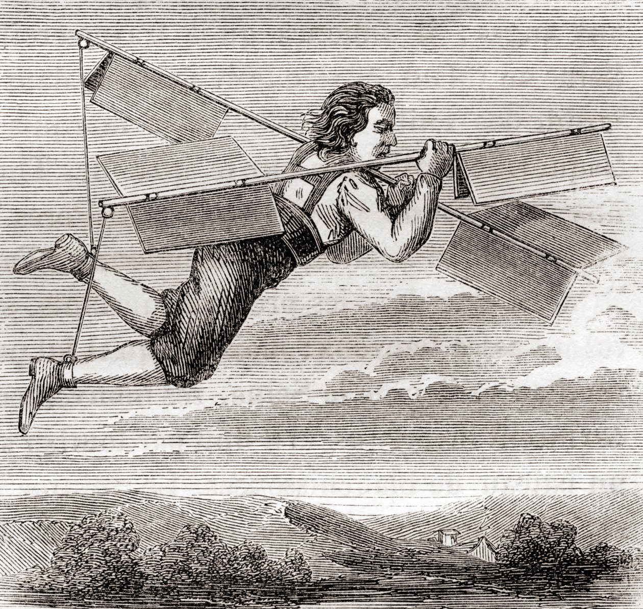 Den franske låsesmed Jacob Besniers påståede flyvetur ved hjælp af et selvdesignet flyveapparat i 1678, fra 