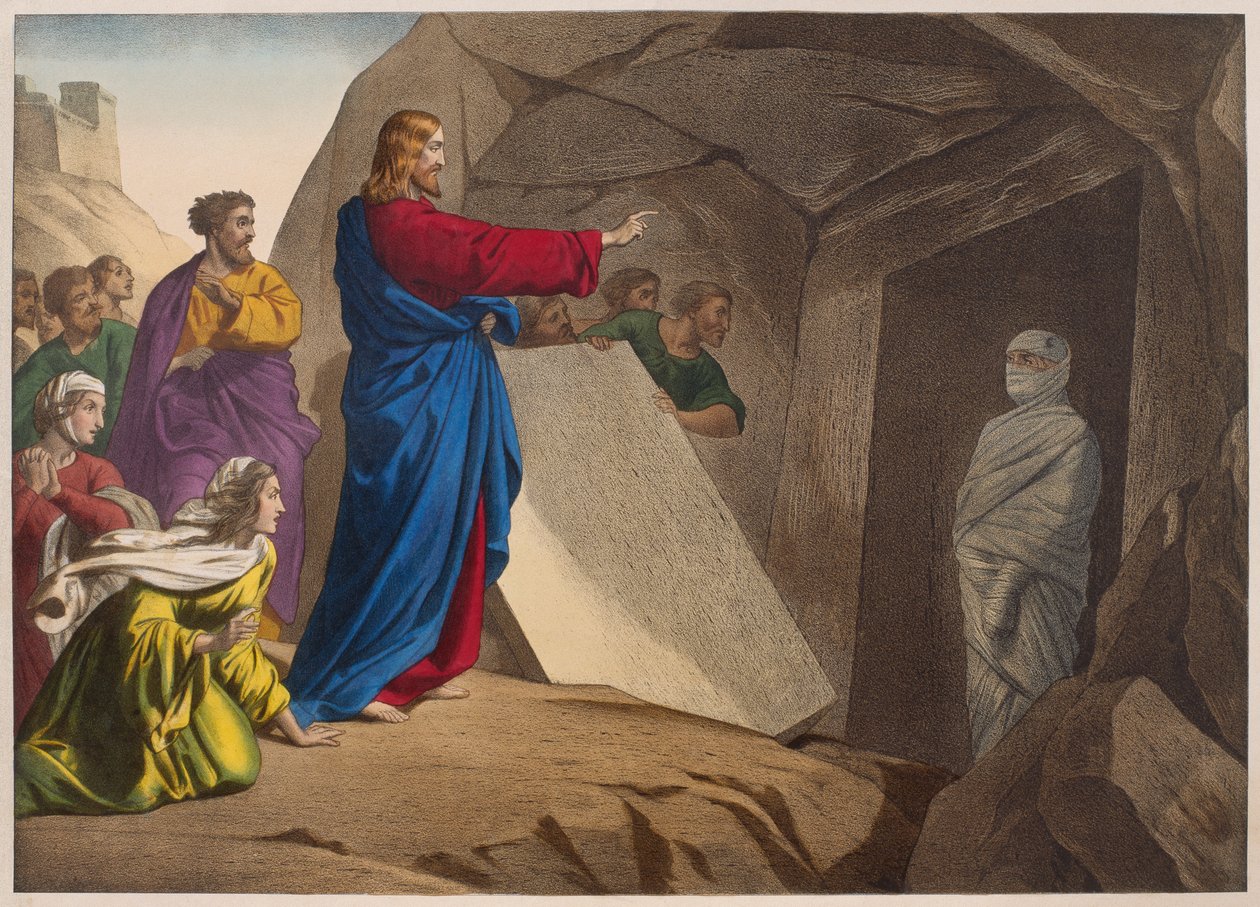 The raising of Lazarus, illustration fra en katekismus LHistoire Sainte, udgivet af Charles Delagrave, Paris, slutningen af det 19. århundrede af French School