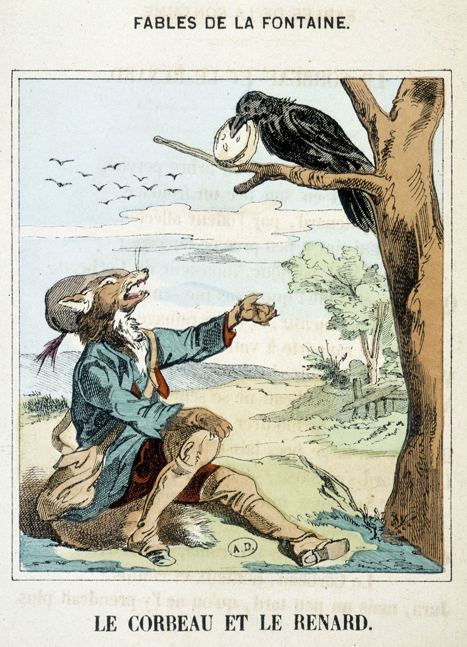 Korppi ja kettu - La Fontainen "" Fables -kirjassa". af French School