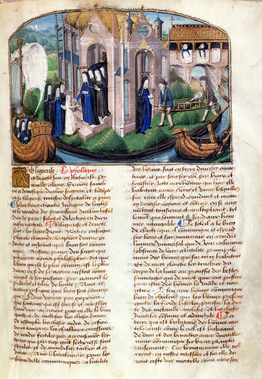 Modtagelse af en nybegynder og byde en patient velkommen fra Le Livre de Vie Active de lHotel Dieu de Paris af Jean Henry, ca. 1482 (se også 236790) af French School