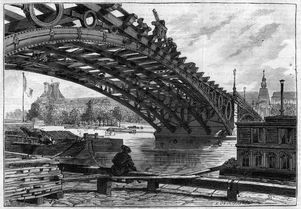 Refleksionen af dækket af Saints Peres bro (Pont du Carrousel) i 1883 (Saints-Peres) - indgravering i "" Le journal illustrious"" af French School