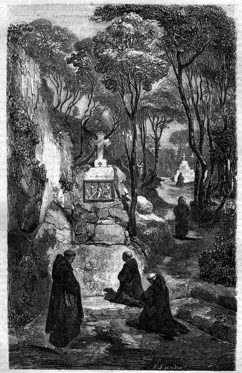 De religiøse fra Saint Benoit (Saint Benoit) i bøn. Indgravering i "Historien om paver-konger-dronninger og kejsere gennem århundrederne"" af Maurice Lachatre af French School