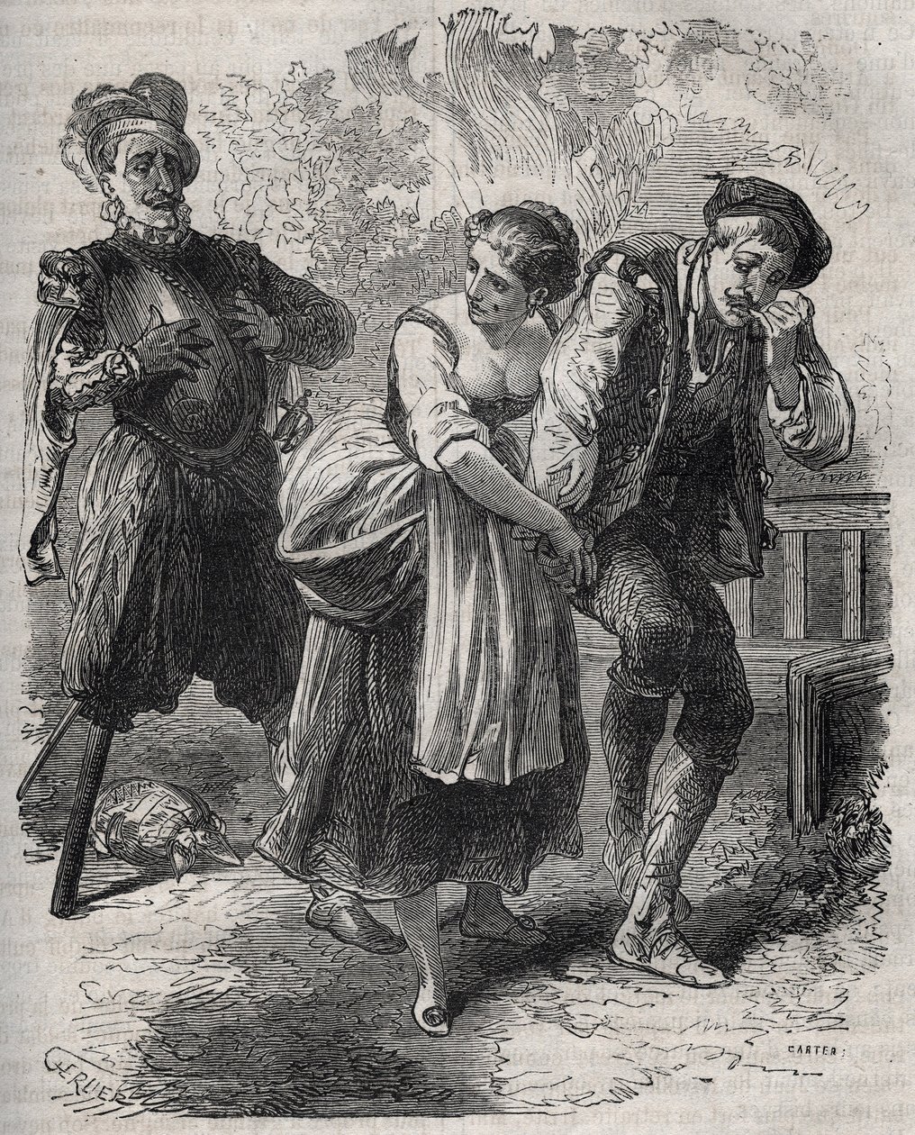Martin Guerres tilbagevenden (ca. 1524 omkring 1560): han dukkede op foran sin kone, Bertrande de Rols, og den, der havde tilranet sig hans identitet, bedrageren Arnaud du Tilh (Thil). Indgravering fra 1871 i "Histoire Des Cocus Celebres" af Henry de Kock  af French School