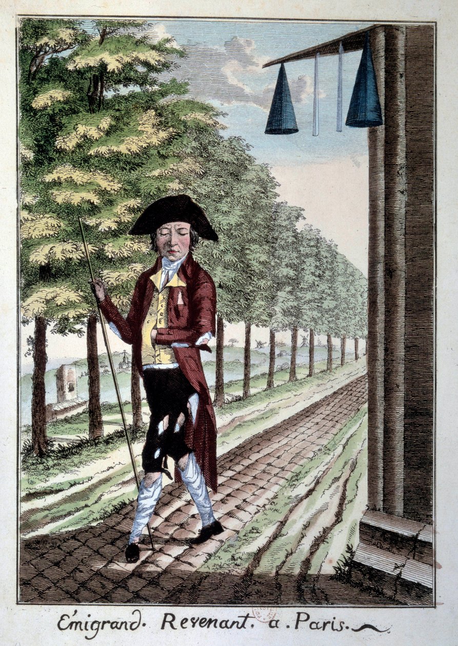En emigrant vender tilbage ved slutningen af den franske revolution. En adelsmand i laset tøj, som flygtede fra byen under revolutionen. Kobberstik fra det 19. århundredes Paris, Musee Carnavalet. af French School