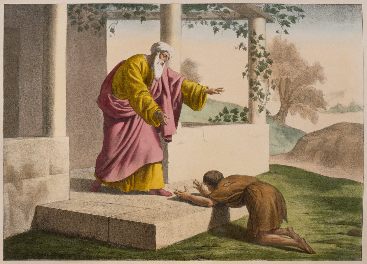 Den fortabte søns tilbagevenden, illustration fra en katekismus LHistoire Sainte, udgivet af Charles Delagrave, Paris, slutningen af det 19. århundrede af French School