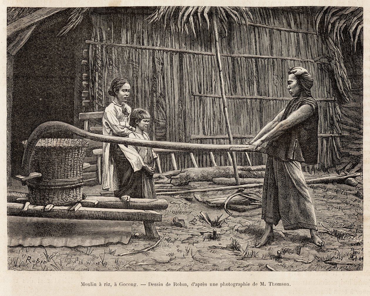 Rismøllen, foran en bondes hus i Gocong, gravering efter en tegning af Robin, der illustrerer rejsen til Cochinchine, af doktor Morice, i 1872, udgivet i "" Le tour du monde""" 1875, redigeret af Edouard Charton, Hachette udgave, Paris. Selva af French School