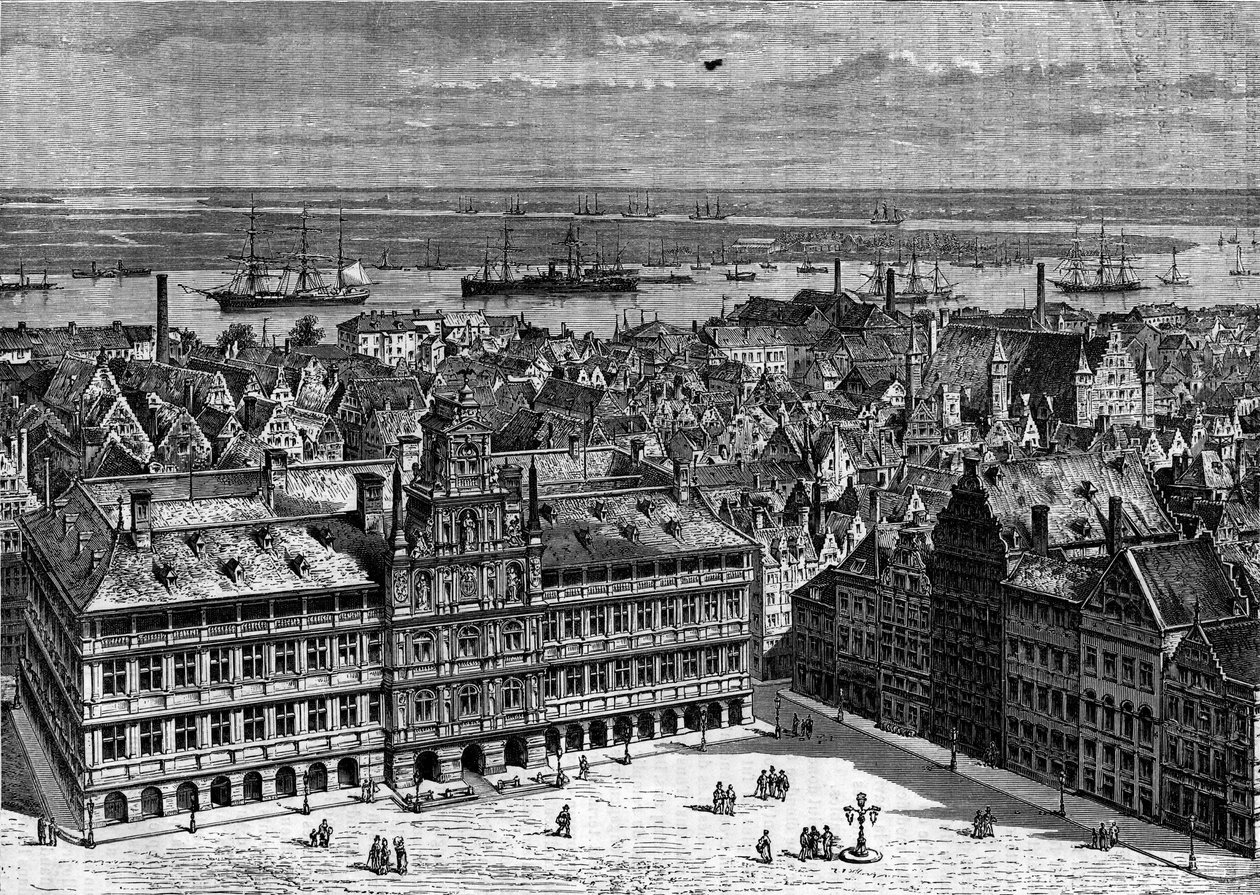 Scheldefloden set fra havnen i Antwerpen, Belgien. Indgravering i "Le Journal de la jeunesse"" af French School