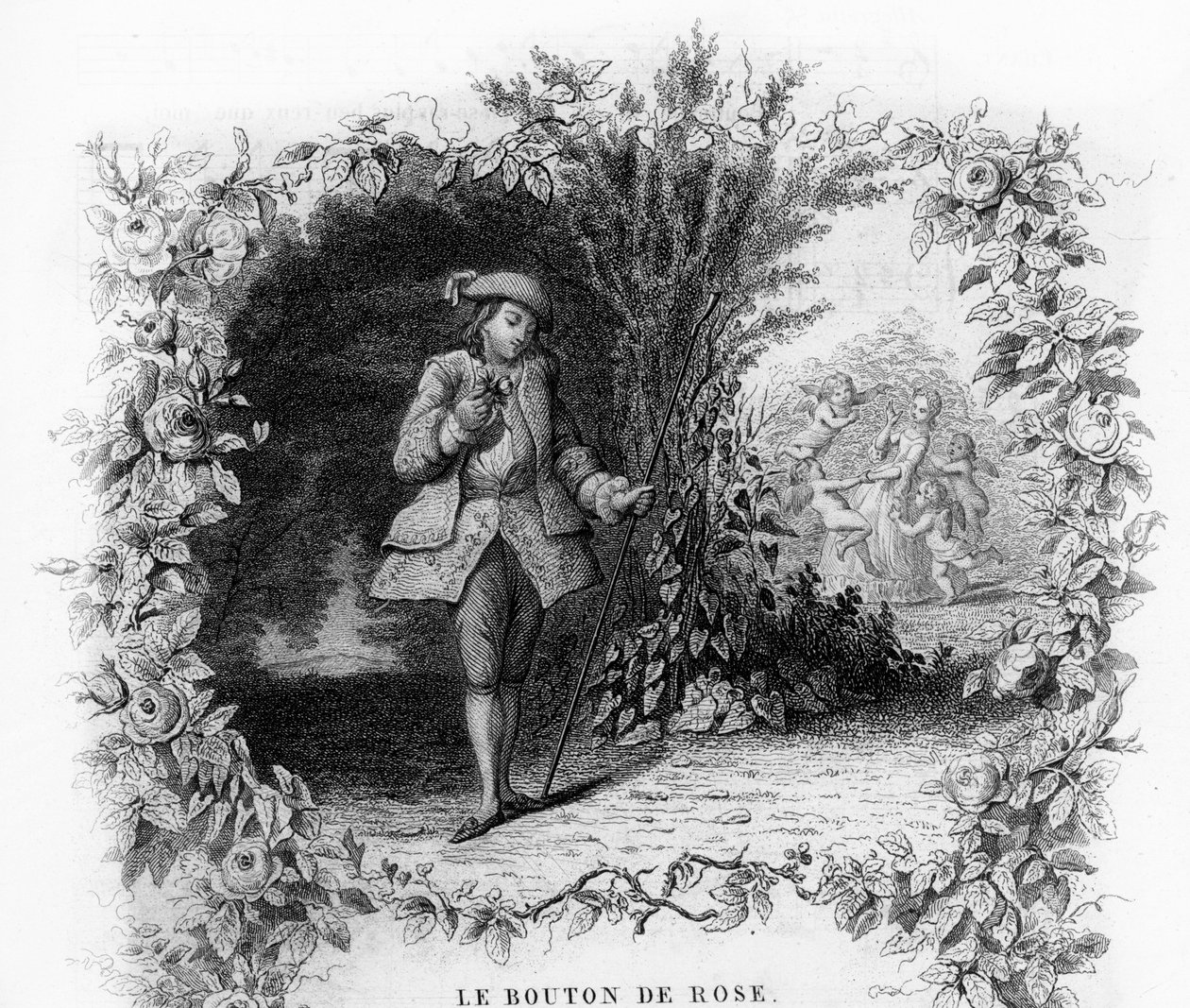 Rose knappen. En ensom og romantisk ung mand i en have i bunden af hvilken en ung kvinde er omgivet af amor. Indgravering i "" Chants et chansons populaire de la France", Tome 2 af French School