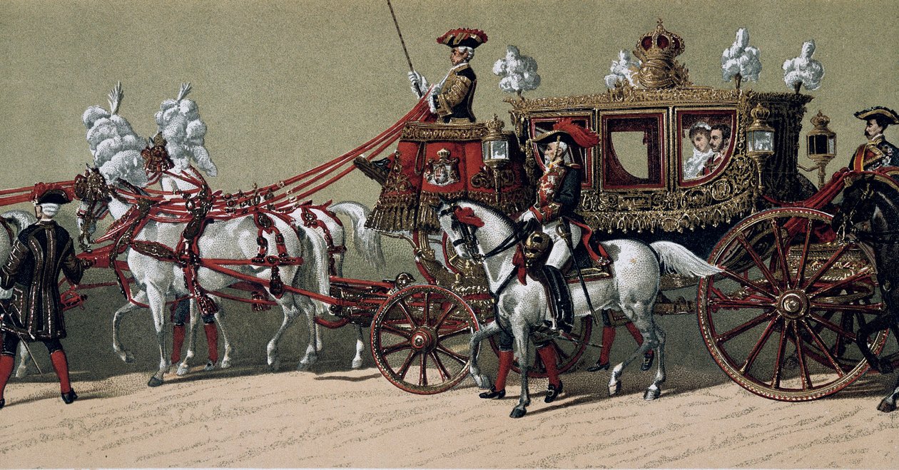 Den kongelige korteg ved ægteskabet mellem kong Alfonso XII af Spanien (1857-1885) og Marie Christine de Teschen (1858-1929) i 1879 (maleri) af French School