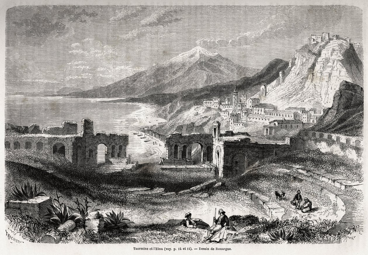 Ruinerne af det antikke teater i Taormina (Tauromenium), ved foden af Taurus-bjerget, med udsigt over den moderne landsby Giardini og Etna, tegning af Adolphe Rouargue (1810-187?) og Emile Rouargue (ca1795-1865) for at illustrere Felix Bourquelots dag af French School