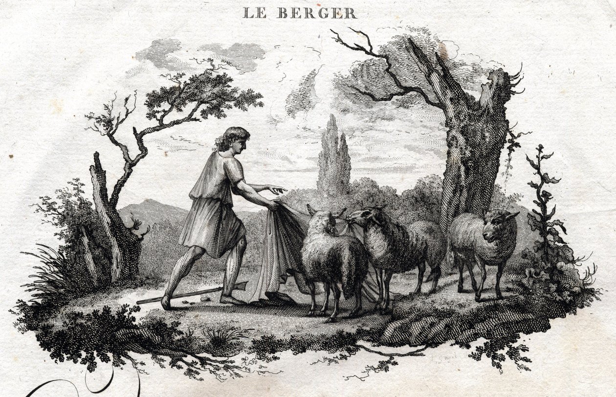 Hyrden. Fabel om Esope. (Græsk forfatter Esopo eller Ecopus, 6. århundrede f.Kr.) Skrevet af Guillaume Montfort og Gravees af Beauble i 1801. af French School