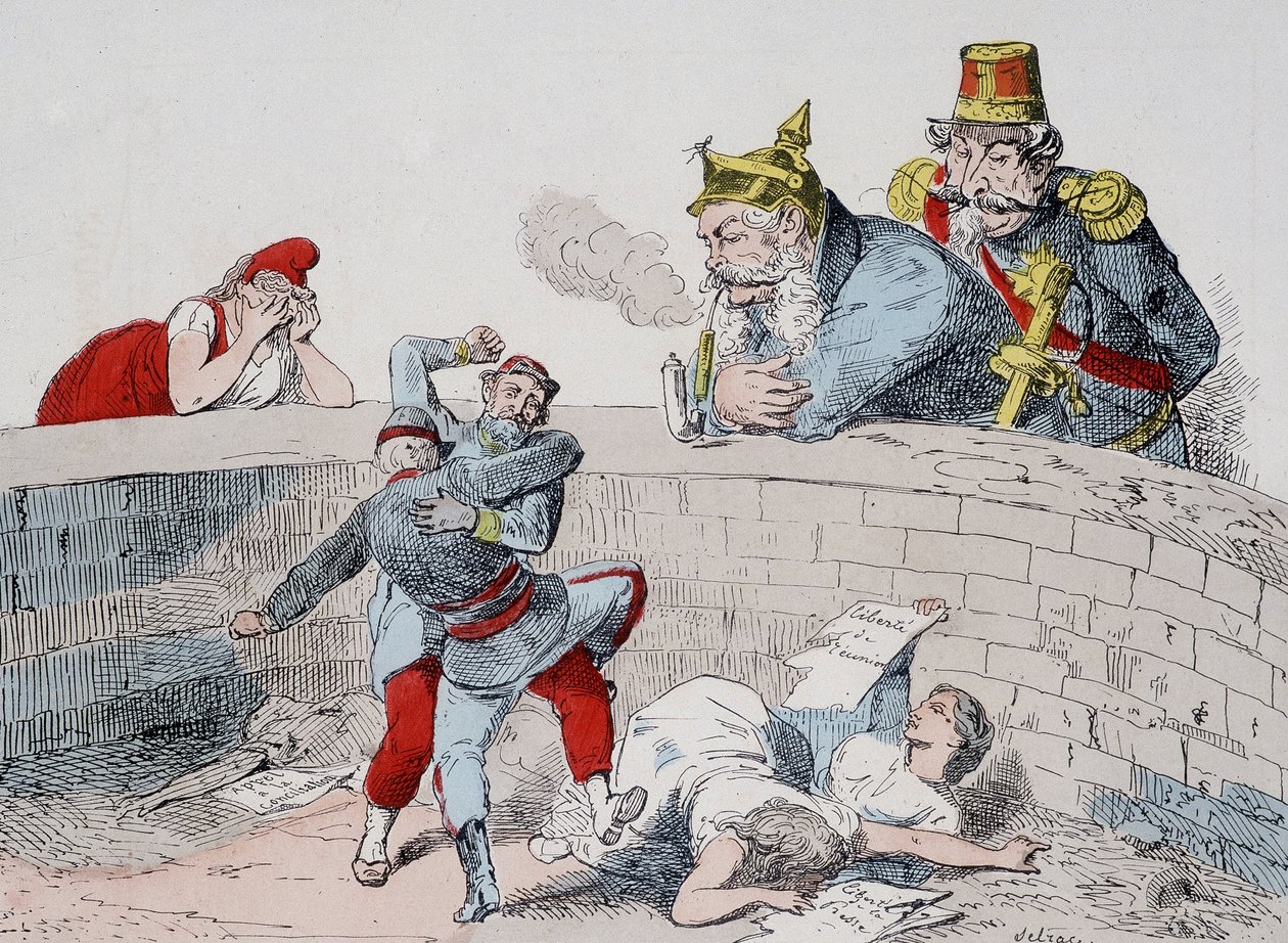 Situationen - Gauillaume: Vi skal hjælpe skøre mennesker, Badingue (Napoleon III): Lad dem gøre min bror, det bliver tid til at gribe ind, når de (pariserne) har fortæret sig selv. Tegnefilm om kommunen. af French School