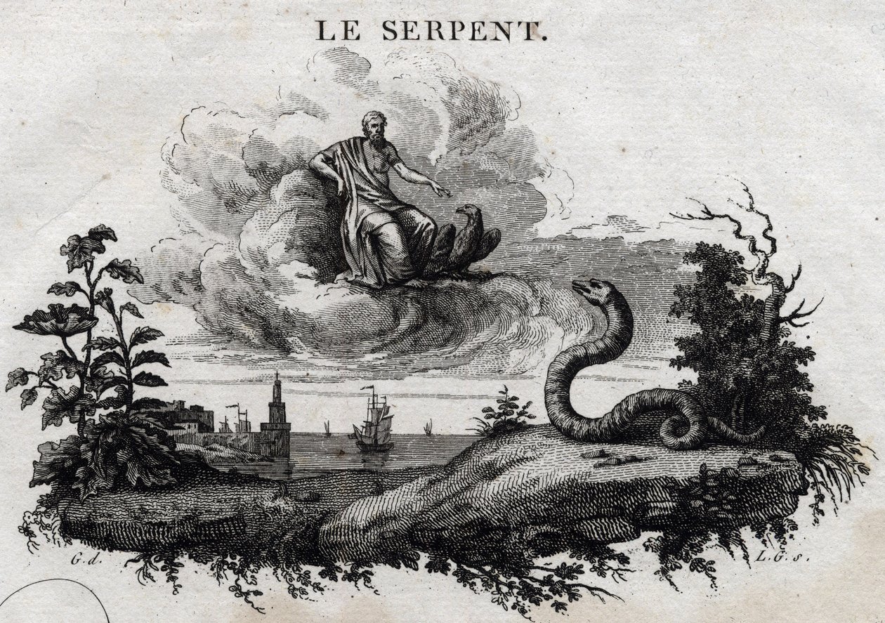 Slangen. Fabel om Esope. (Græsk forfatter Esopo eller Ecopus, 6. århundrede f.Kr.) Skrevet af Guillaume Montfort og Gravees af Beauble i 1801. af French School