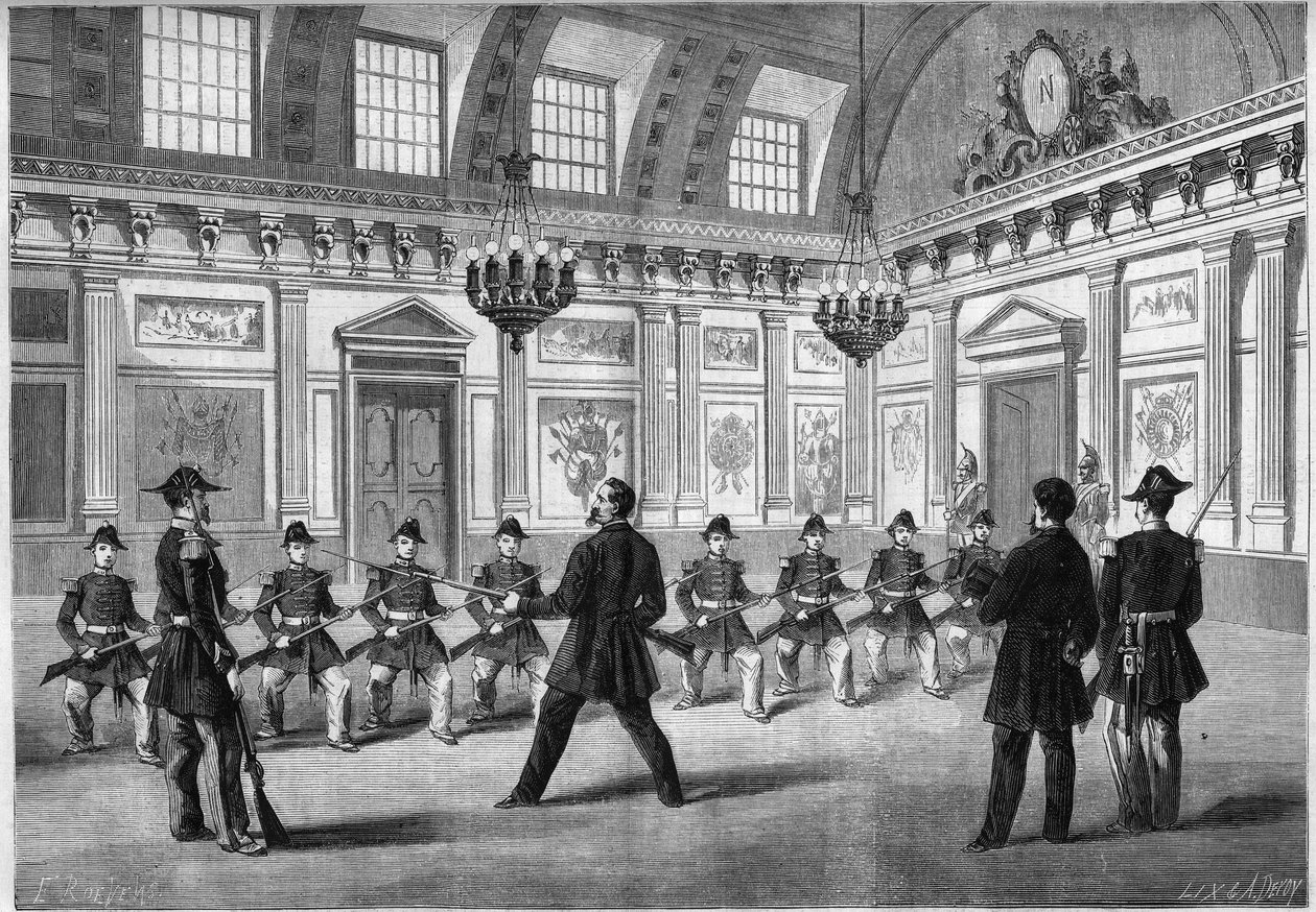 Søn af Napoleon III, Prince Imperial (1856-1879), der øvede våben med vagtens afdelinger, før sin far kejser Napoleon III (1808-1873), i vagtrummet på slottet Compiegne. Indgravering i "" Le Monde Illustré"" nr. 349 af 19. december af French School