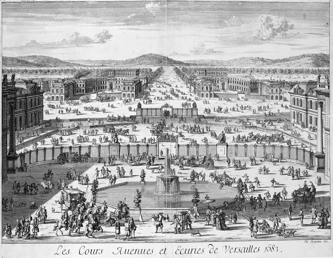 Staldene og portene i Versailles set fra paladset, 1683 af French School