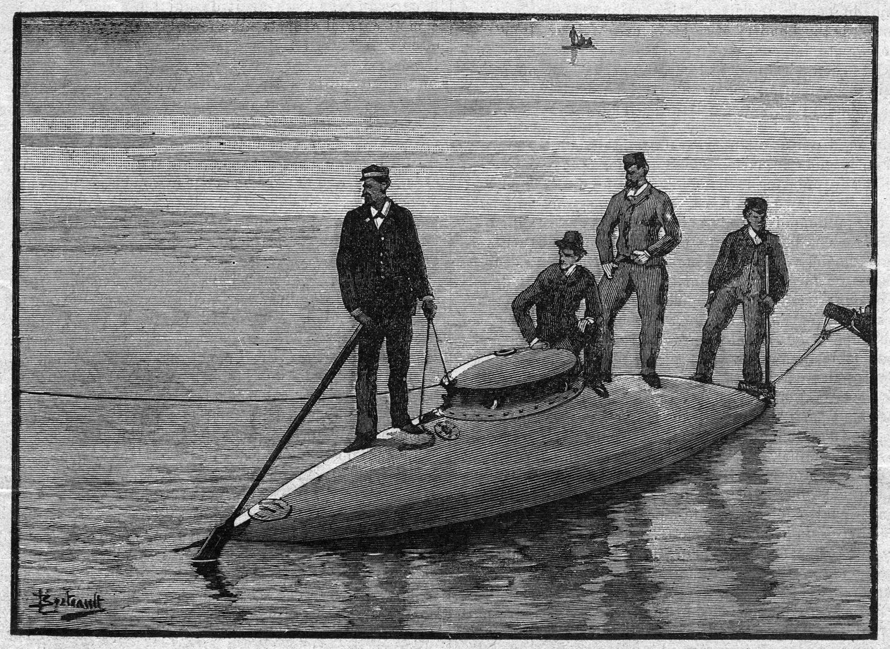 Ubåden lystede den tomme "Goubet", der bøjede og bar fire mand. Indgravering i "La gazette du dimanche"" af 28. november 1895. af French School