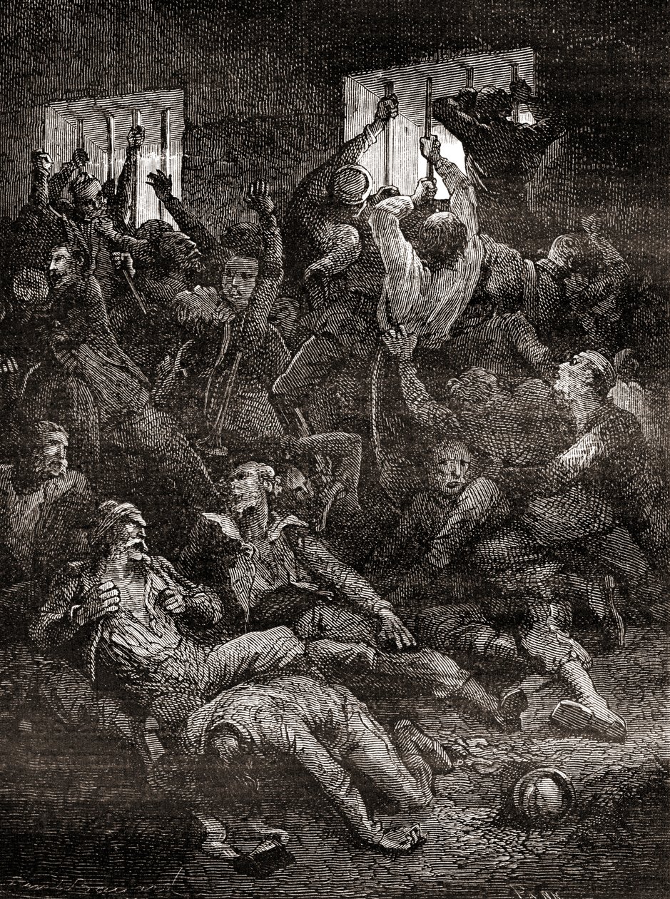 Lidelser og død på grund af dårlig ventilation af engelske fanger i Calcuttas sorte hul, et lille fangehul i det gamle Fort William i Calcutta, Indien, hvor tropper fra Nawab i Bengal, Siraj ud-Daulah, holdt britiske krigsfanger efter c af French School