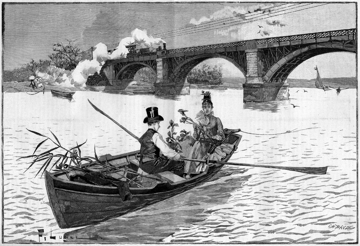 Omgivelserne i Paris, en søndag i Argenteuil i 1887. af French School