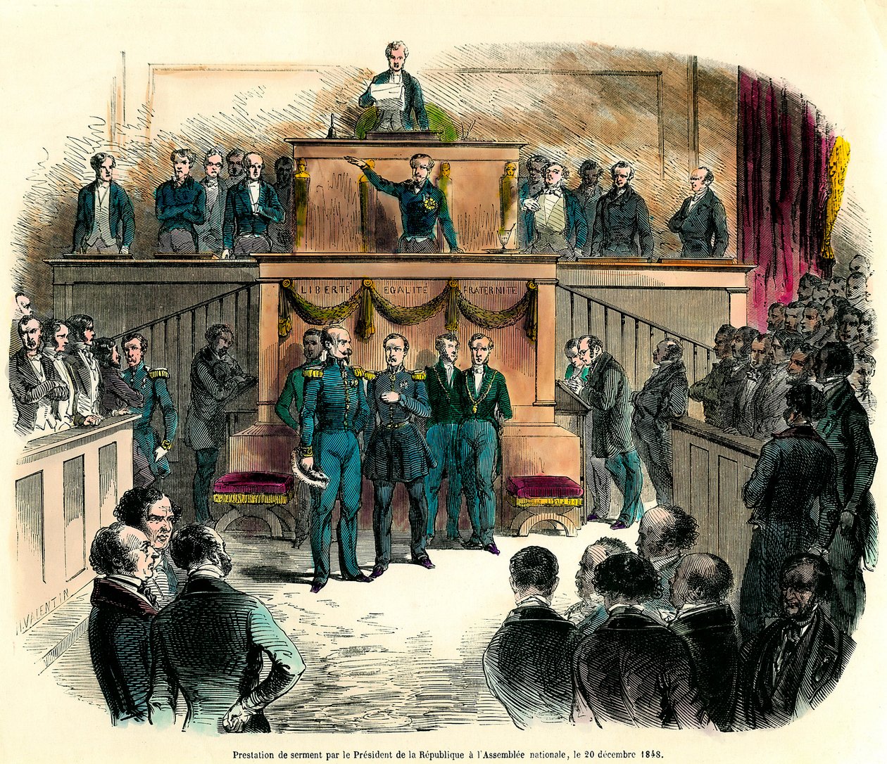 Indsættelsen af Louis Napoleon III (Louis-Napoleon), som officielt blev udråbt til republikkens præsident, ved nationalforsamlingen den 20. december 1848. Han lover "at forblive tro mod den ene og udelelige Demokratiske Republik og at opfylde alle af French School
