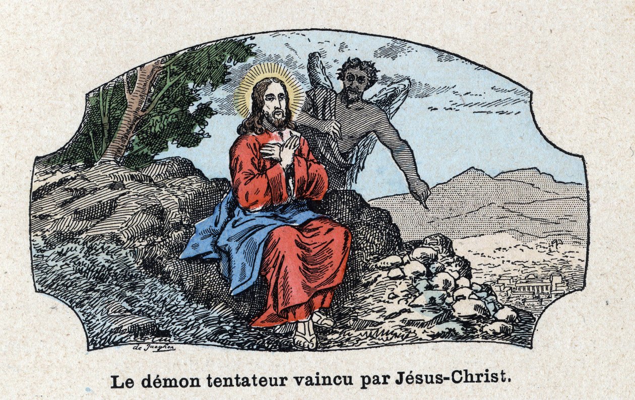 Den fristende dæmon besejret af Jesus Kristus. Jesus Kristus blev ført ind i ørkenen af ånden, blev fristet af djævelen. I “” Tout l