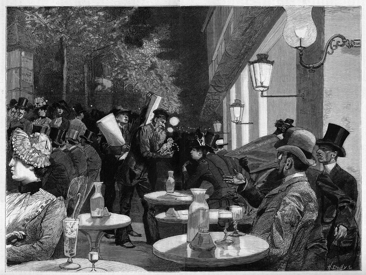 Terrassen på en café på Boulevarden ved midnat i Paris. Indgravering i "The Illustrous World" af French School